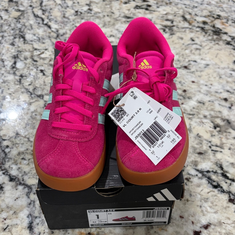 Adidas Kids Sz1 Bright Pink & Aqua VL Court 3.0K Sneakers